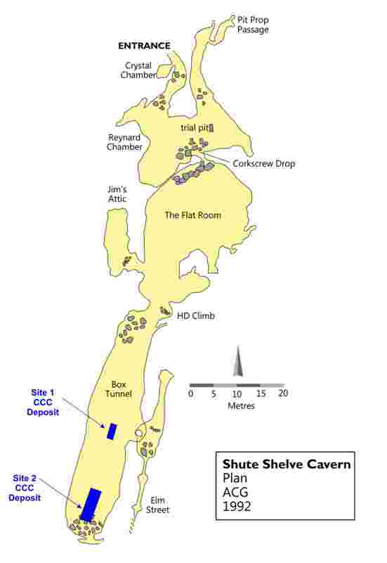 Shute Shelve Cavern survey showing location of the deposits